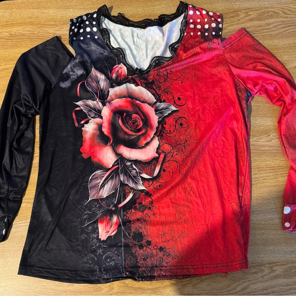 Red and Black Floral Long Sleeve Top